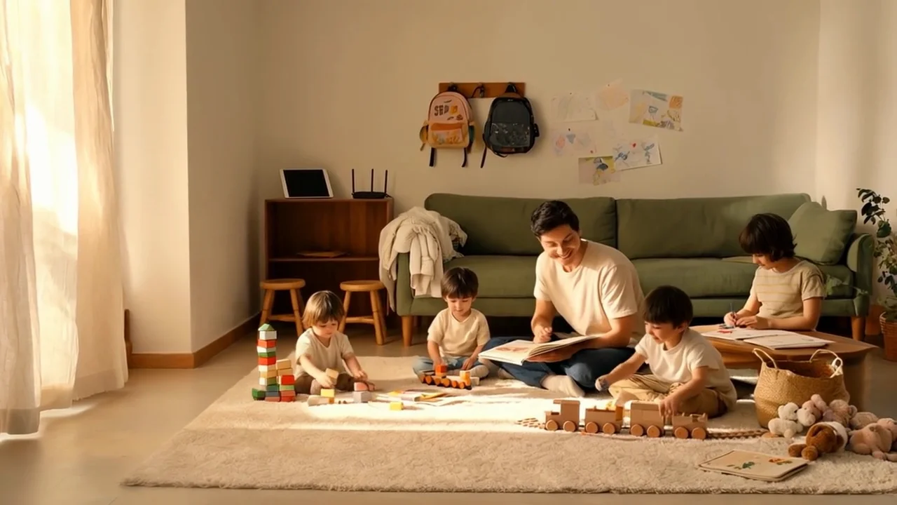 Varios niños pequeños jugando junto a un adulto en un hogar familiar, escena generada con IA